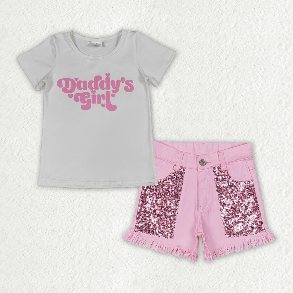 Sibling Baby Girls Dad and Mom Shirt Top Sequin Pockets Denim Short Clothes Sets