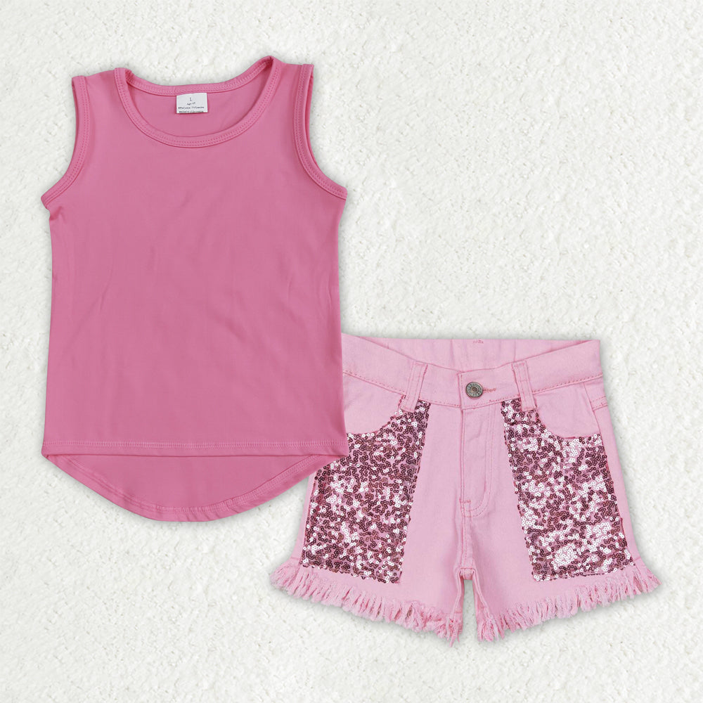 GSSO3758 Baby Girls Pink Sleeveless Yoga Vests Top Sequin Denim Short Clothes Set