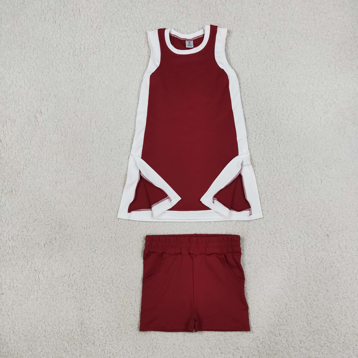 GSSO3848 Baby Girls White Maroon Split Tunic Pockets Short Yoga Active Clothes Set
