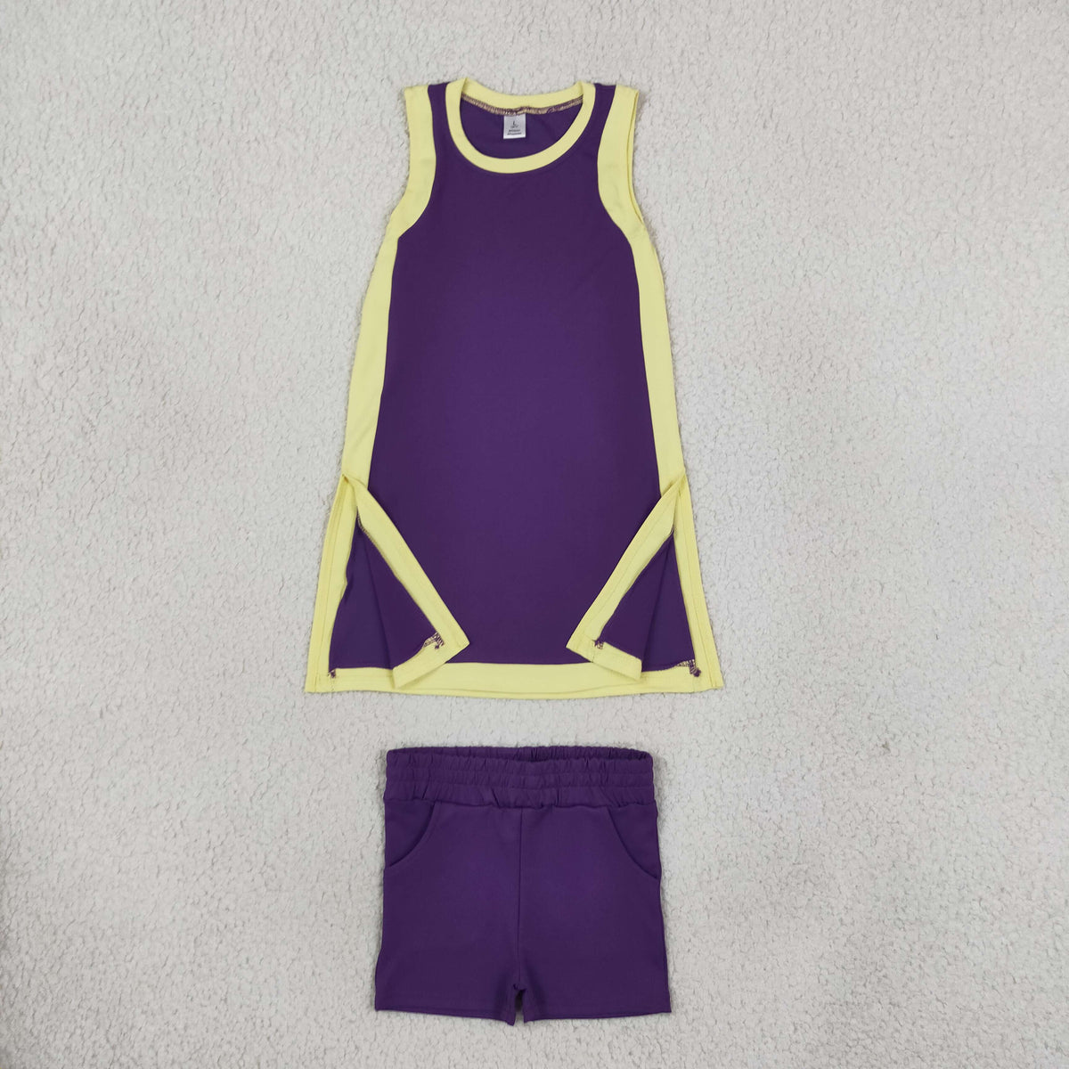GSSO3849 Baby Girls Yellow Purple Split Tunic Pockets Short Yoga Active Clothes Set