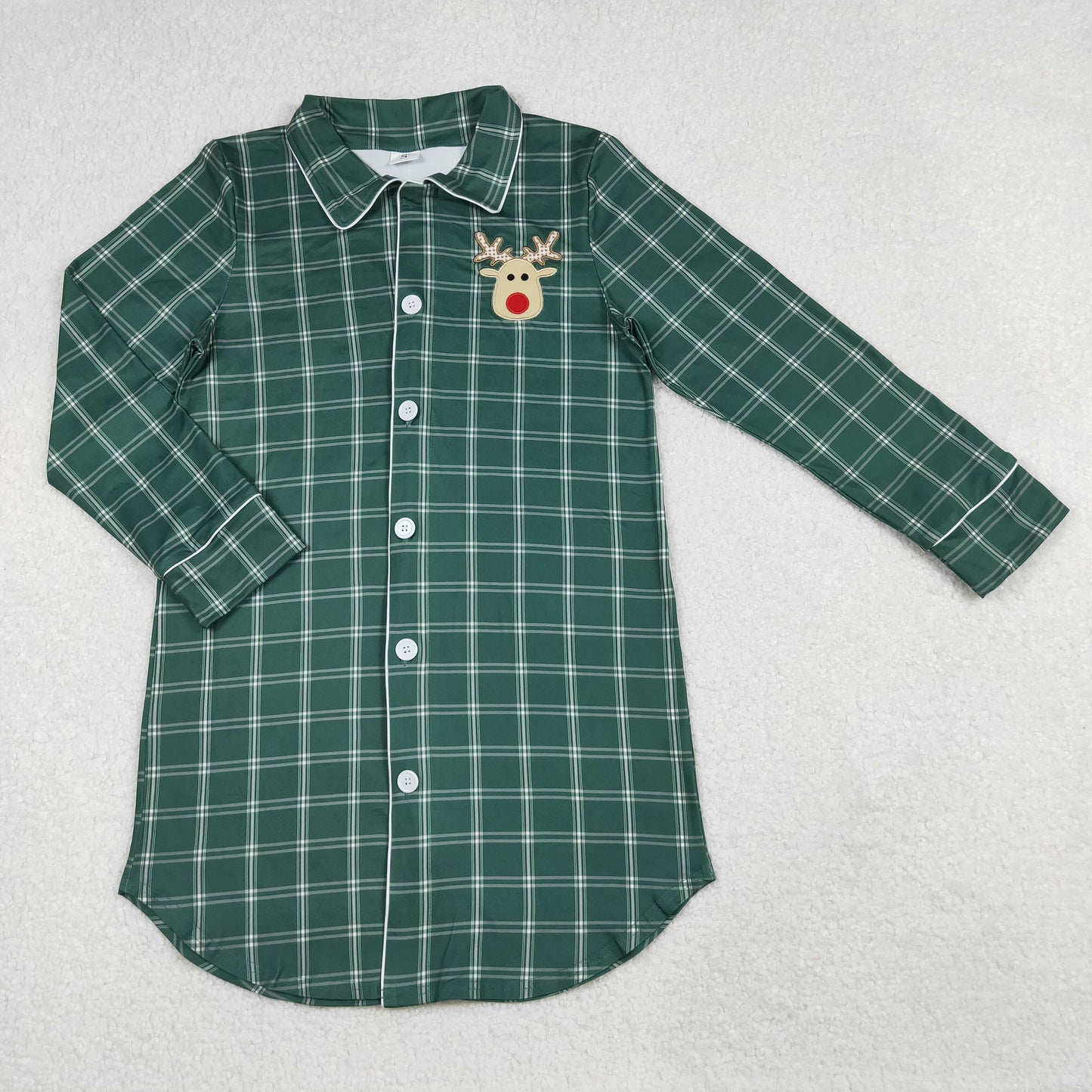 GT0621 Adult Women Green Checked Embroidery Deer Button Christmas Sleep Wear Shirts