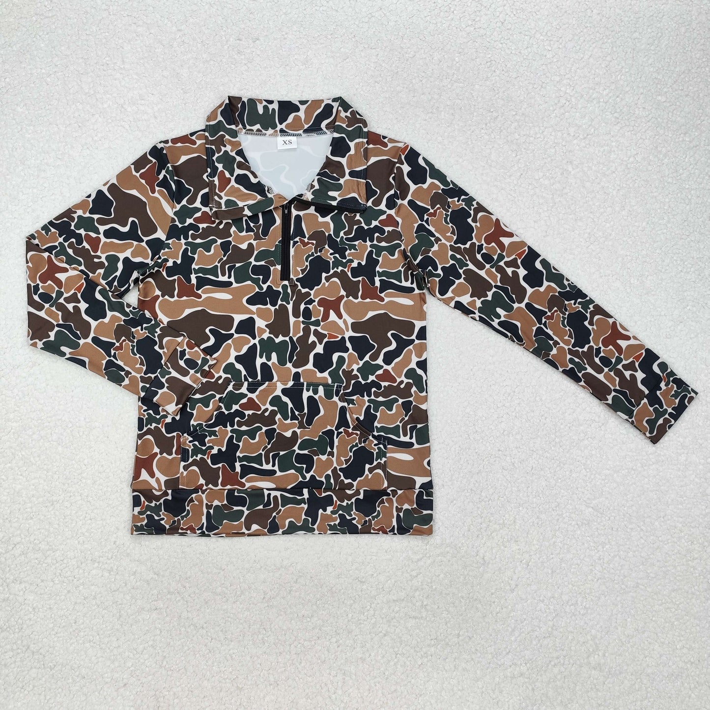 GT0829 Adult Women Dark Brown Camo Zipper Pocket Southern Pullovers Top