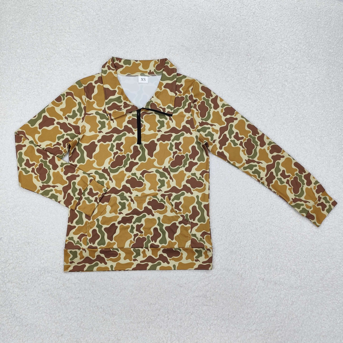GT0830 Adult Women Yellow Camo Zipper Pocket Southern Pullovers Top