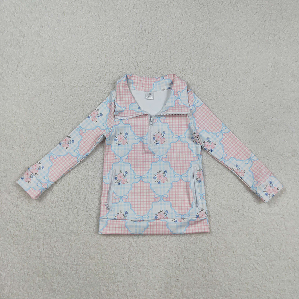 Sibling Baby Girls Flowers Bows Pockets Zipper Yoga Active Pullovers Top