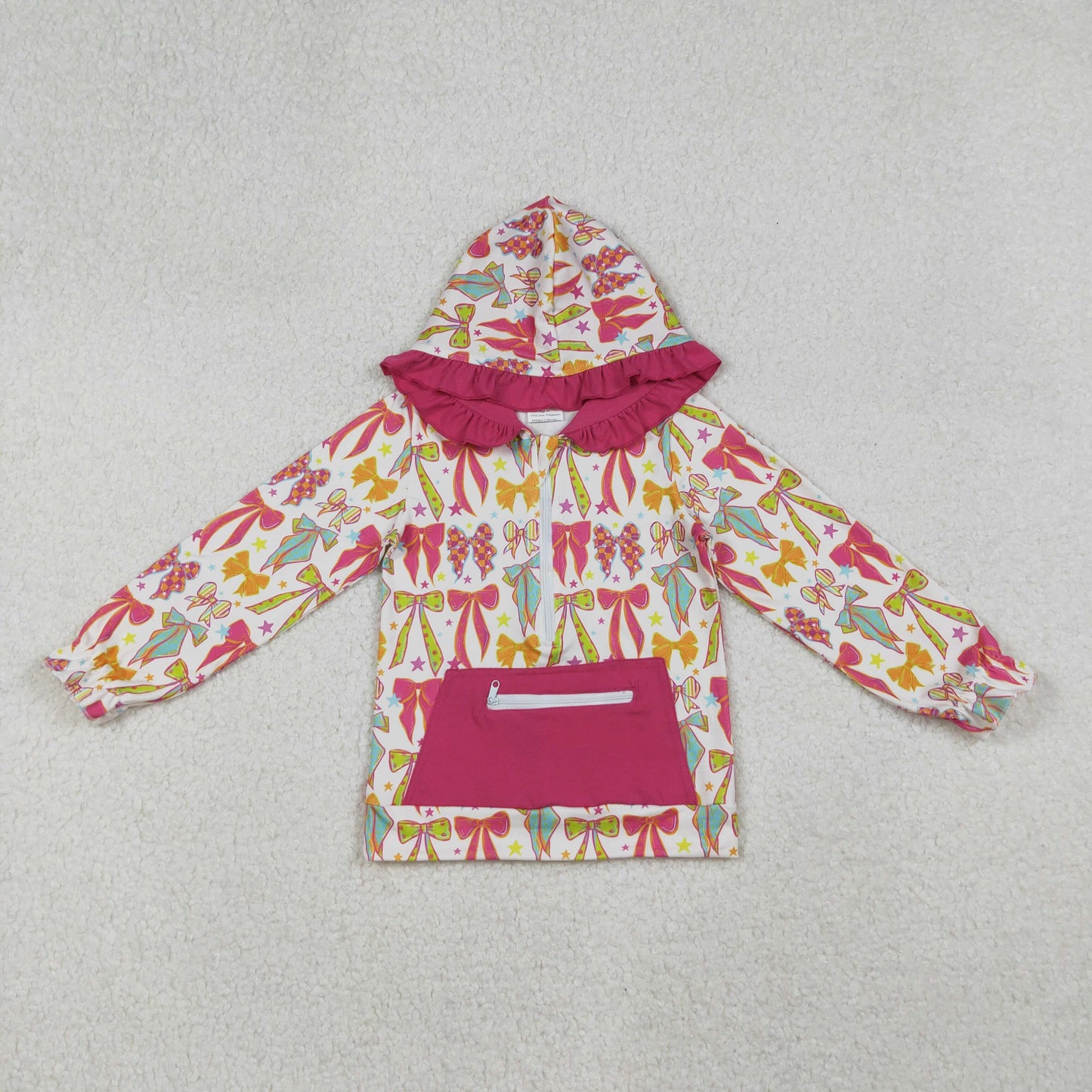 GT1121 Baby Girls Colorful Bows Stars Zipper Pocket Ruffle Hoodies Top