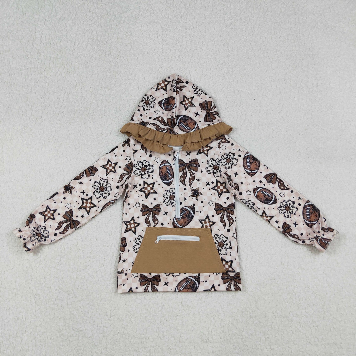 GT1152 Baby Girls Bows Flowers Footballs Zipper Pocket Team Ruffle Hoodies Top