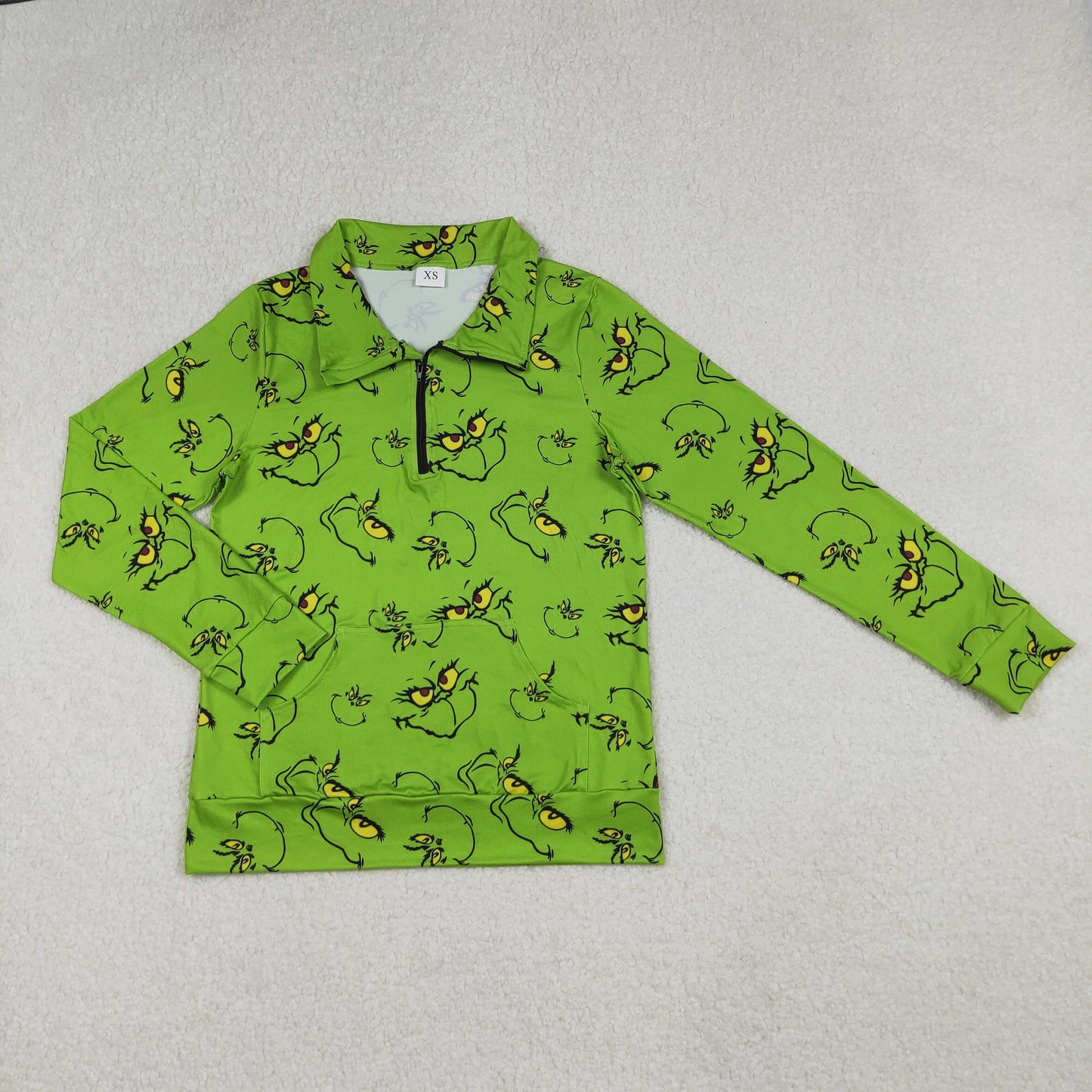 GT1173 Adult Women Green Long Sleeve Grin Plaid Christmas Pockets Zipper Pullovers Top