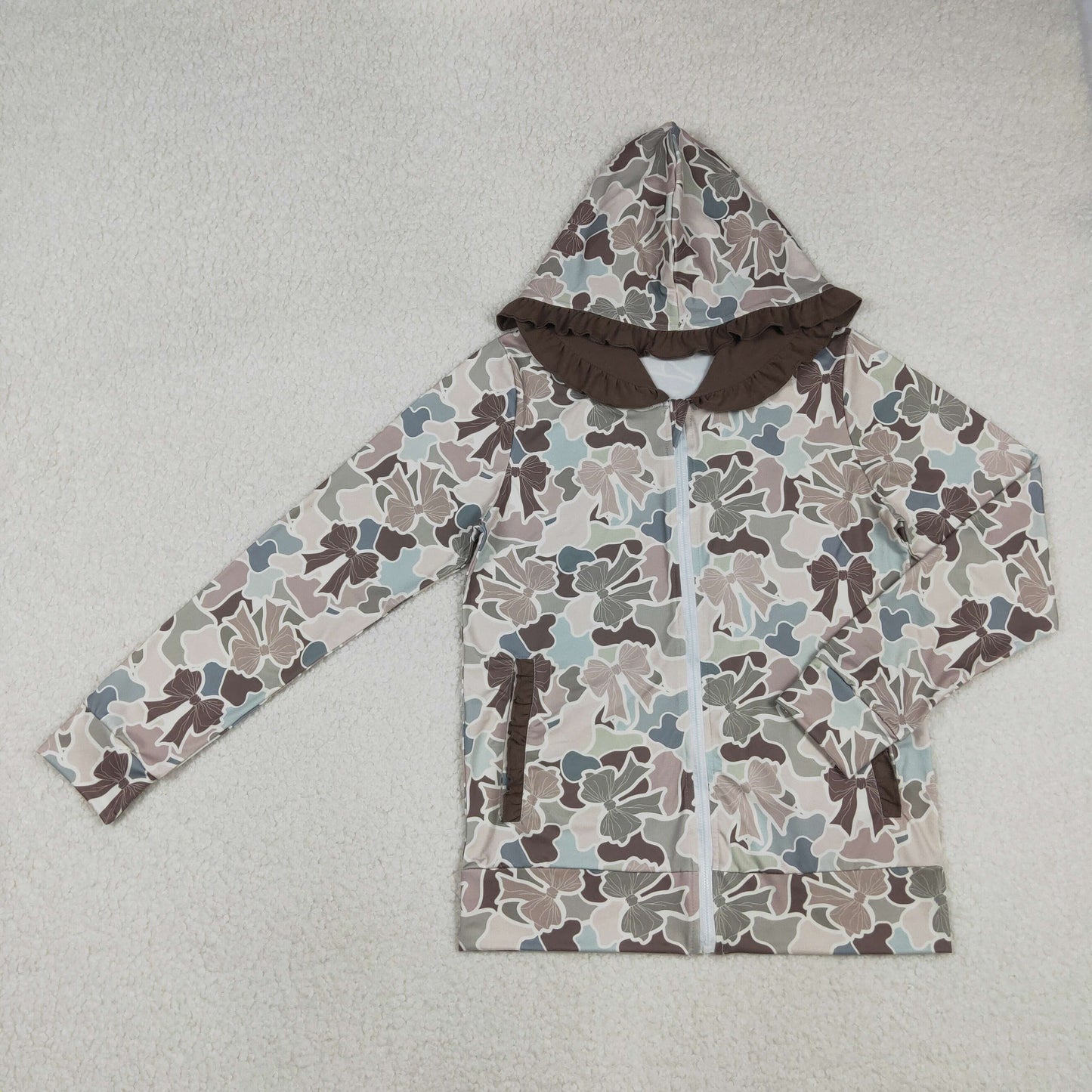 GT1273 Adult Women Long Sleeve Southern Bow Camo Pocket Zip Ruffle Hoodie Jackets Top