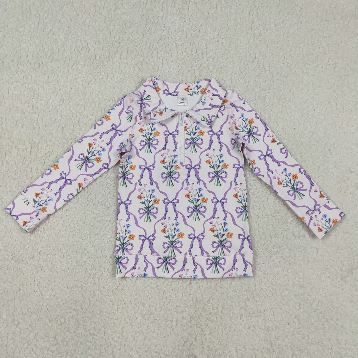 GT1371 Baby Girls Purple Bows Flowers Checked Yoga Active Zipper Pullovers Top