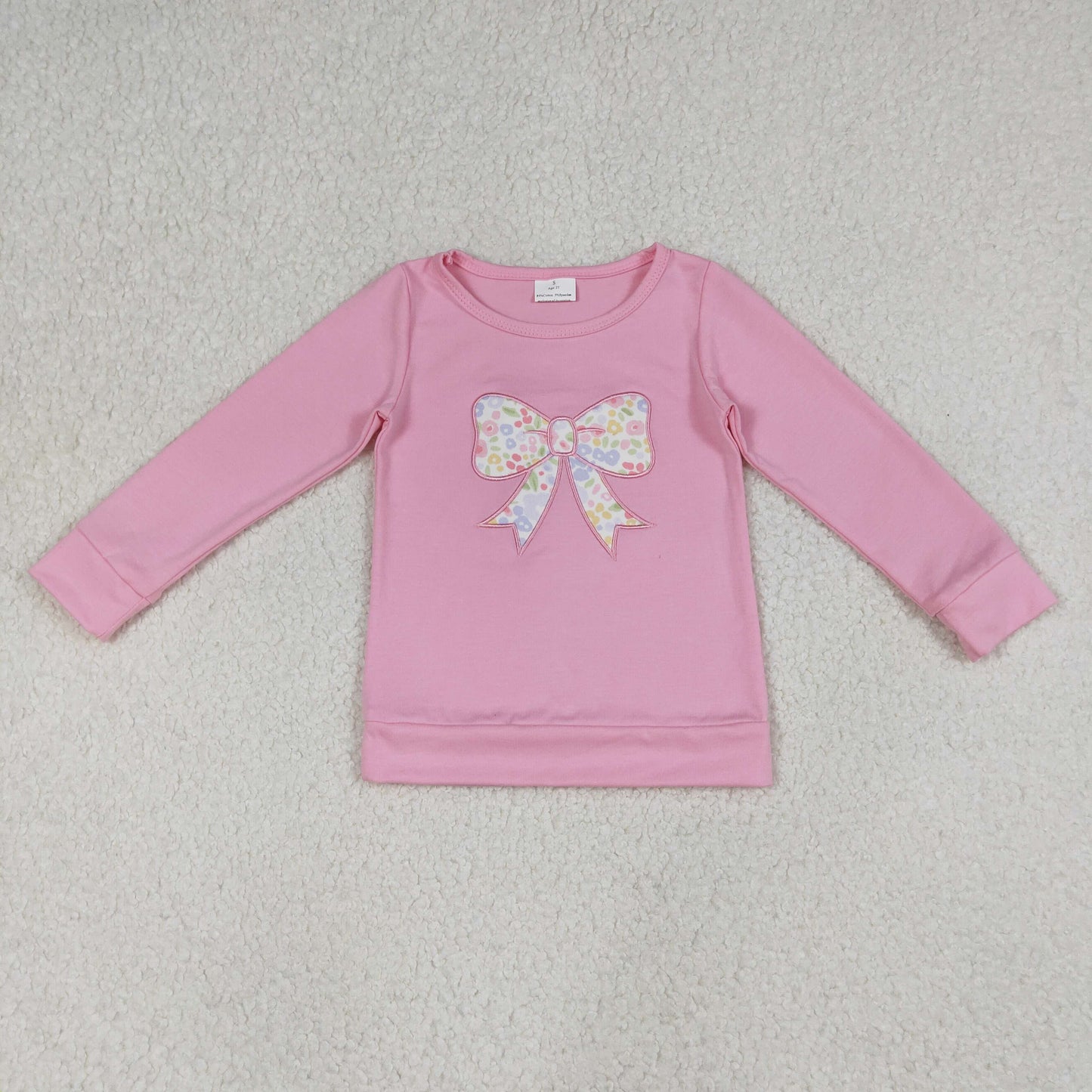GT1537 Baby Girls Pink Long Sleeve Embroidery Floral Bows T-shirts Top