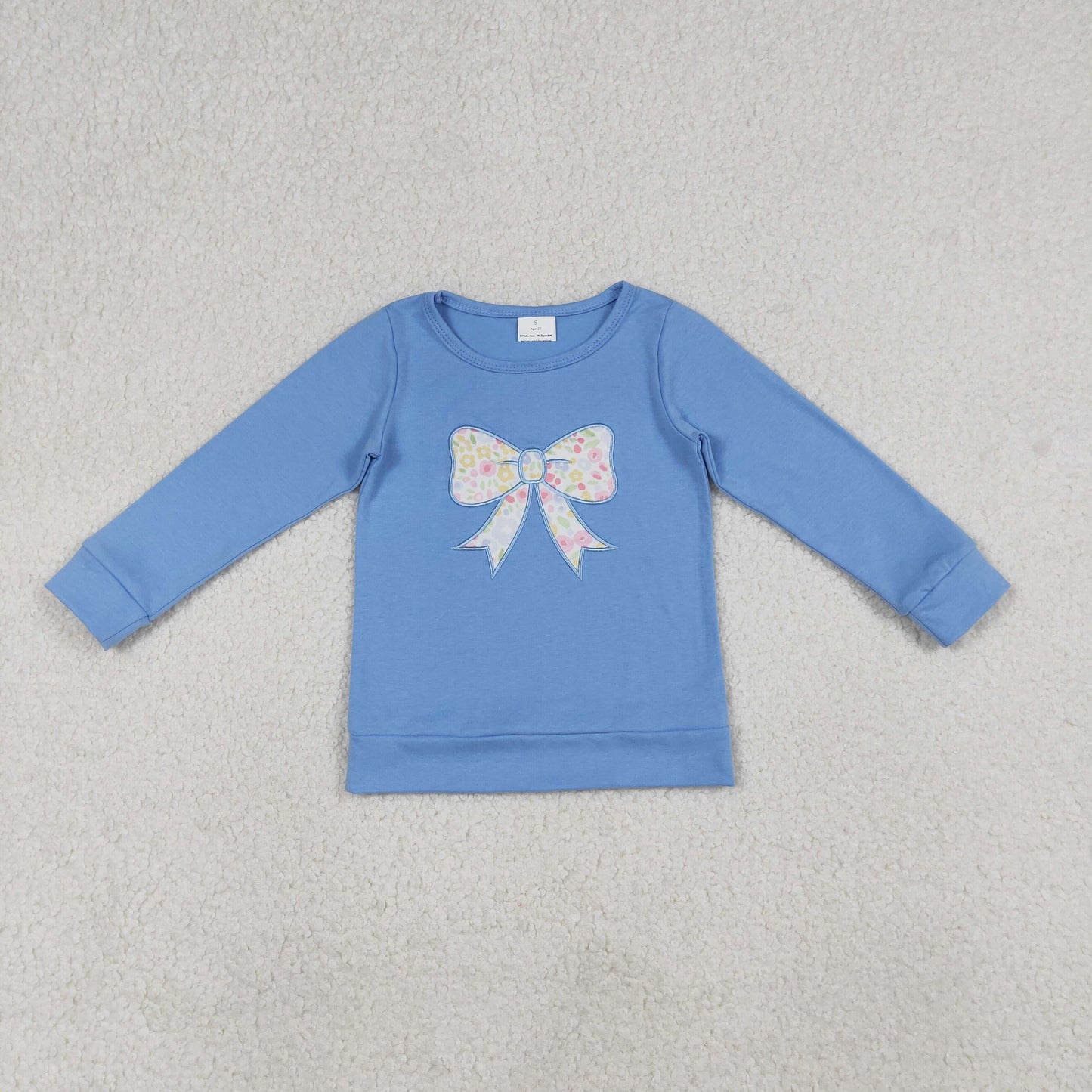 GT1538 Baby Girls Blue Long Sleeve Embroidery Floral Bows T-shirts Top
