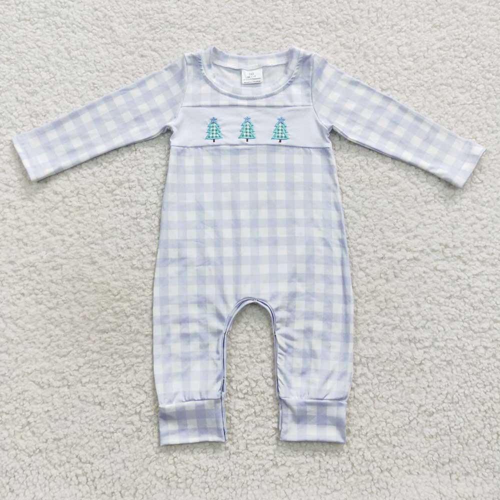 Sibling Baby Kids Embroidery Trees Checked Top Pants Christmas Clothes Sets Rompers