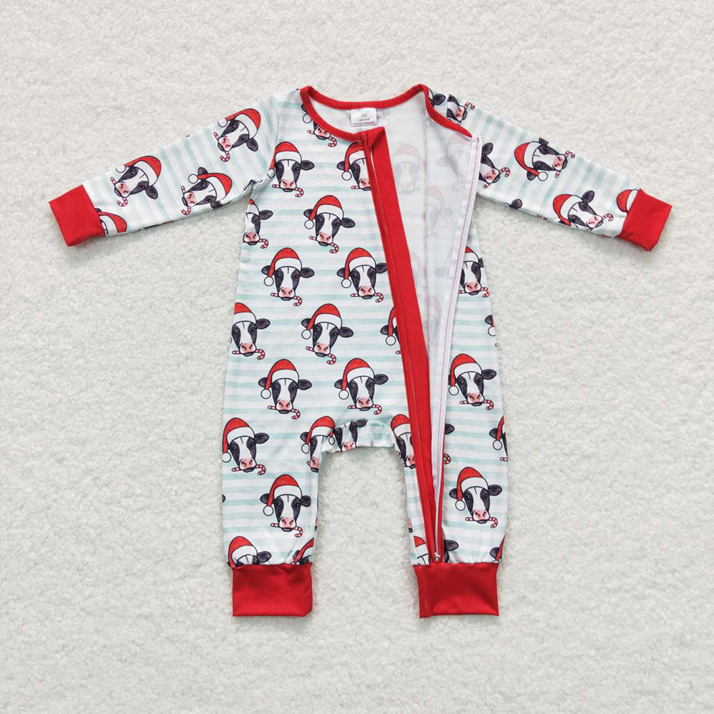 Sibling Baby Boys Light Blue Stripe Hats Cows Top Pants Christmas Pajamas Sets Zipper Rompers