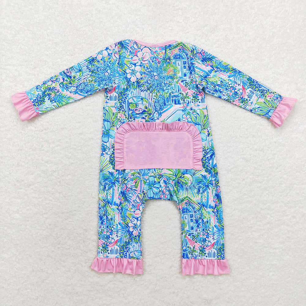Sibling Baby Girls Blue Floral Ruffle Pant Bamboo Pajamas Sets Zipper Footie Rompers