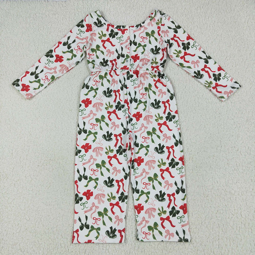 LR2192 Girls Christmas Green Red Bows Jumpsuits Rompers