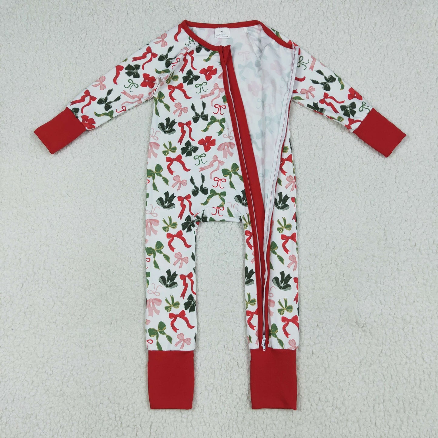 Sibling Baby Girls Green Red Bows Zipper Footie Christmas Romper Knee Length Dresses