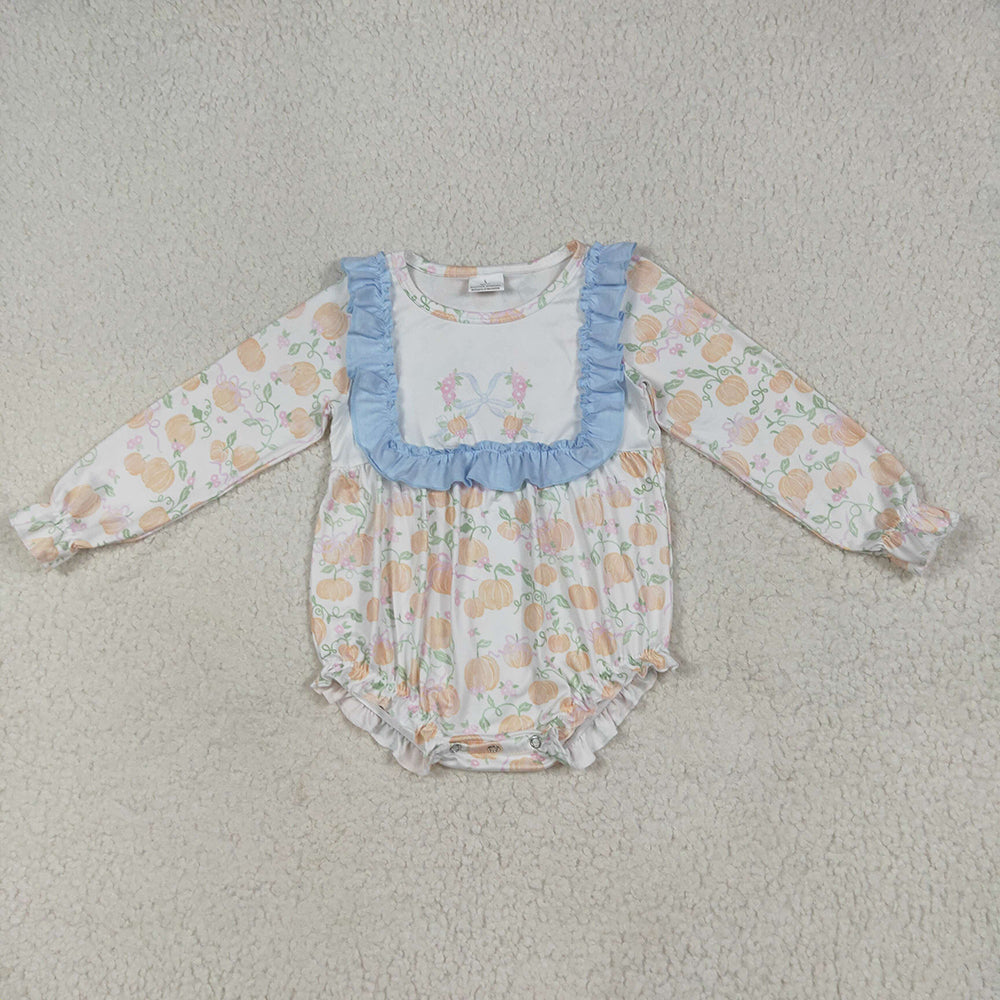 Sibling Baby Girls Pumpkins Flowers Bib Rompers Dresses