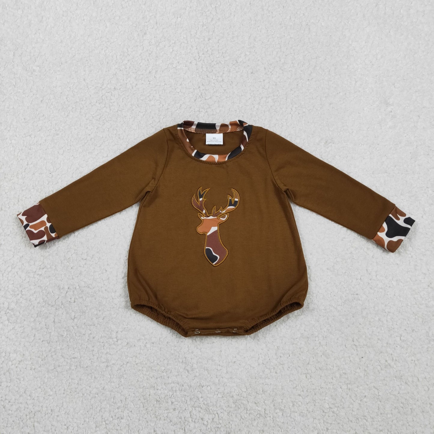 LR2260 Baby Boys Brown Long SLeeve Embroidery Camo Deer Hunting Rompers