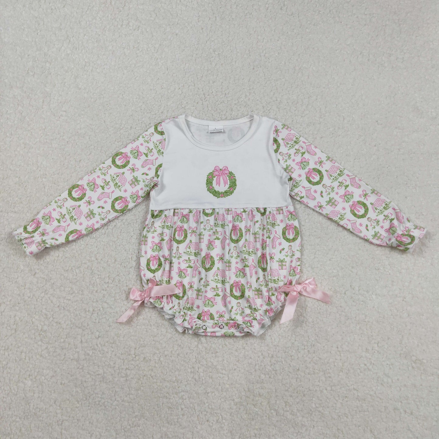 LR2325 Baby Girls Long Sleeve Bows Holly Snowmen Christmas Ruffle Rompers