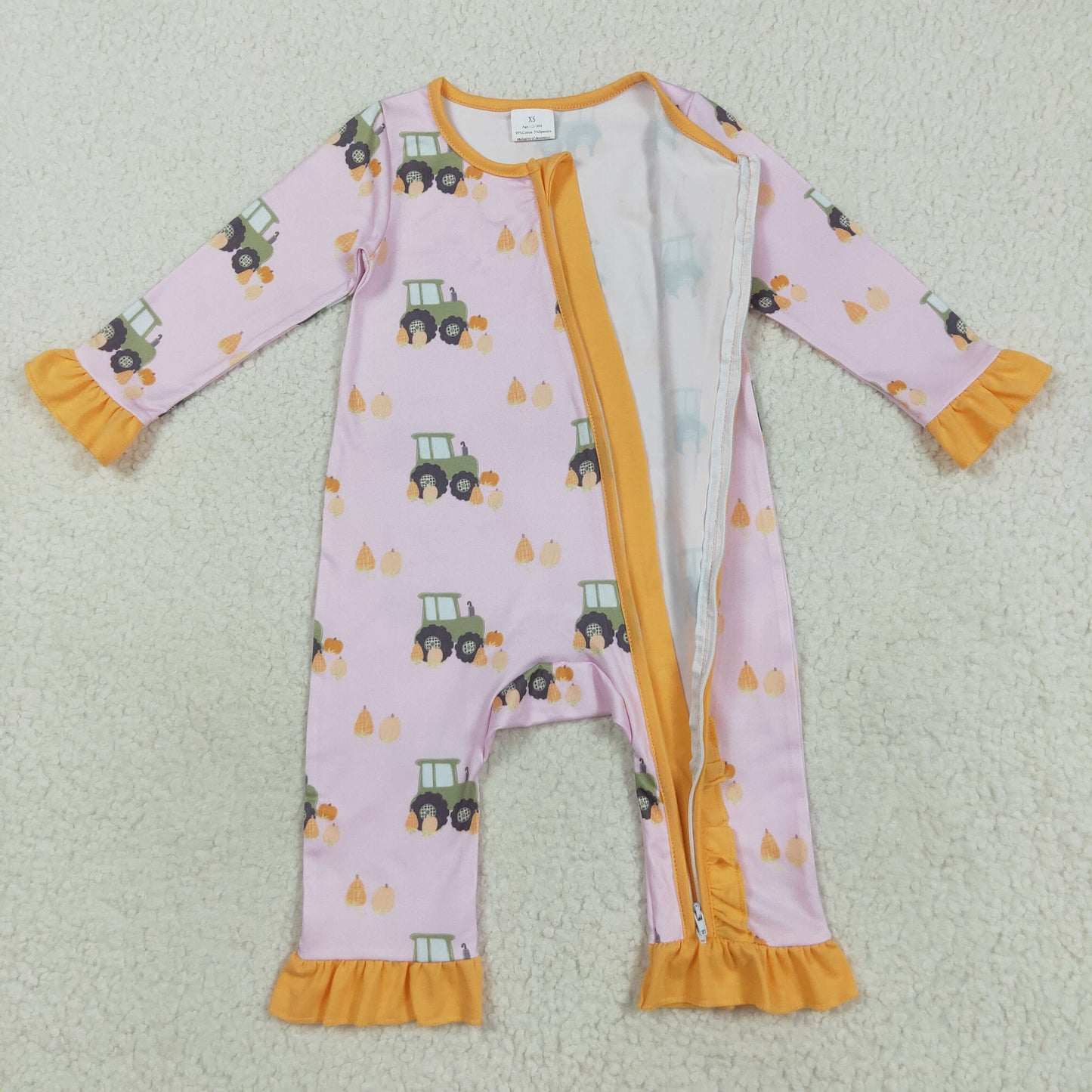 LR2336 Baby Girls Pumpkins Trucks Ruffle Sleeve Fall Zipper Footie Rompers