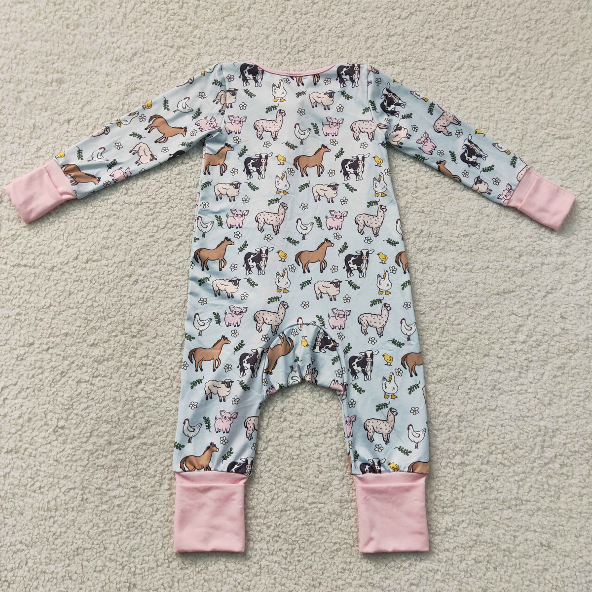 LR2401 Baby Girls Long Sleeve Flowers Pigs Cows Farm Two Way Zip Convertible Rompers