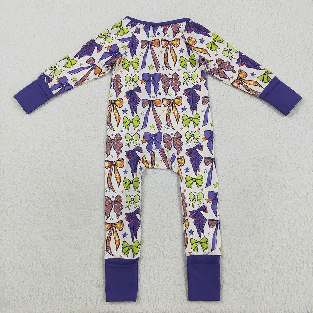 Sibling Baby Kids Purple Bows Stars Plaid Pajams Sets Zipper Footie Rompers