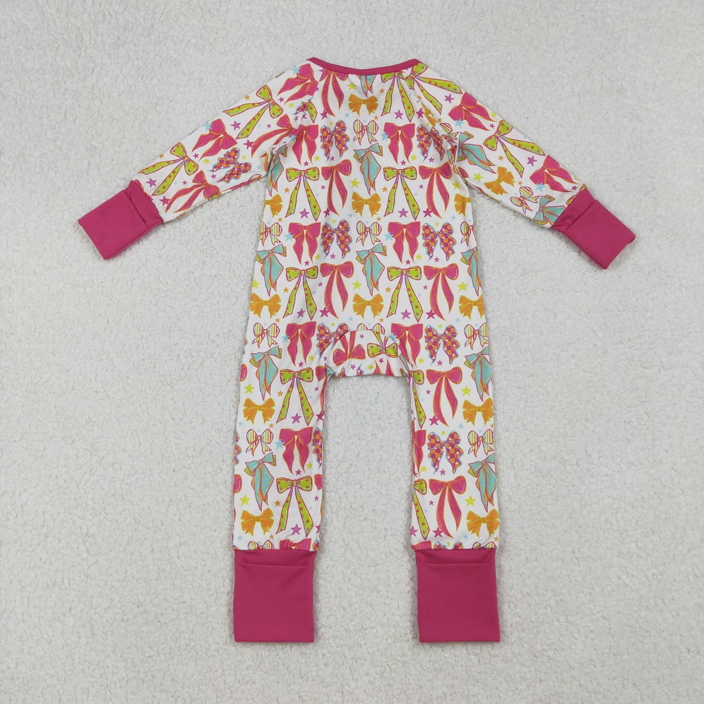 LR2468 Baby Girls Pink Orange Green Bows Stars Zipper Footed Rompers
