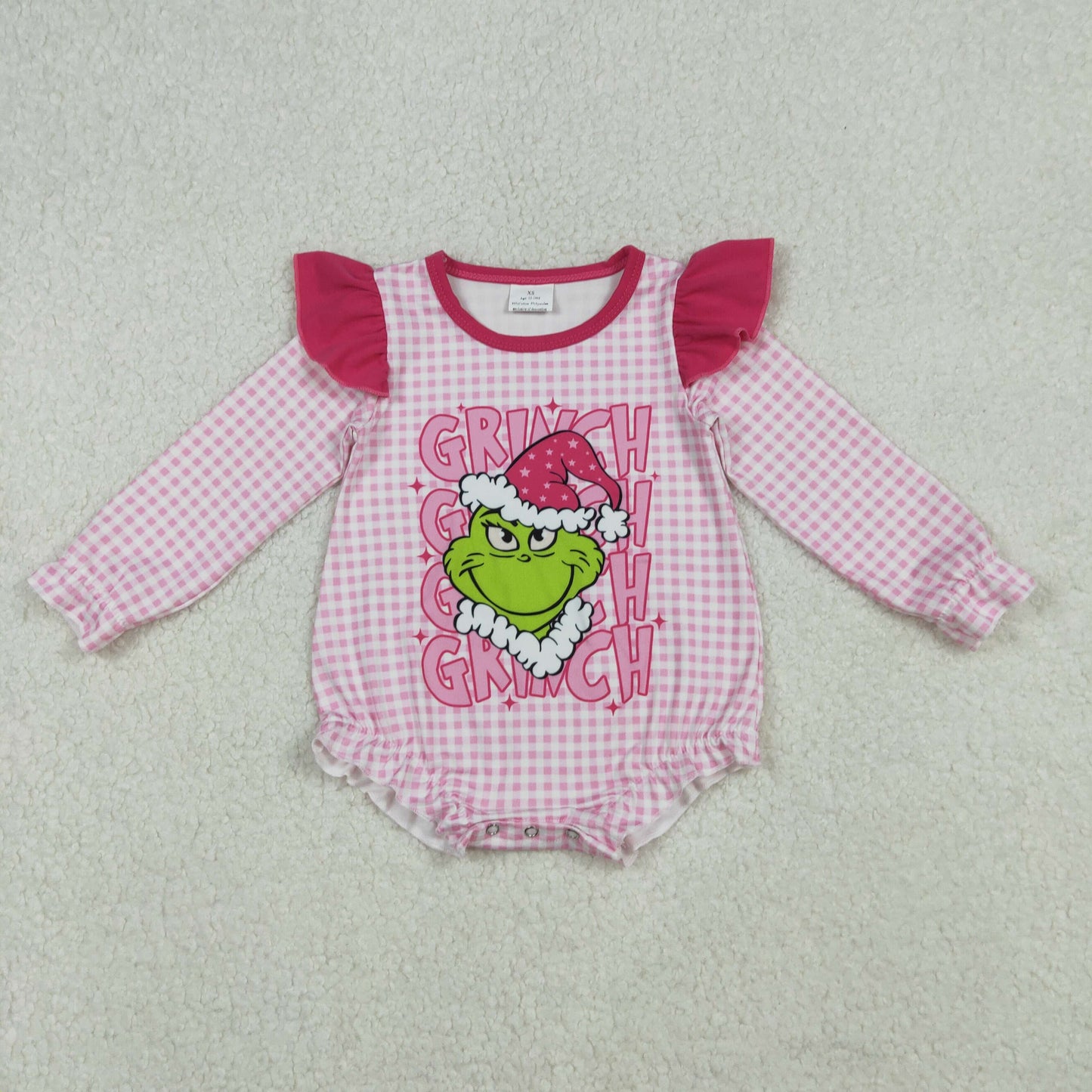 LR2554 Baby Girls Pink Checked Grin Christmas Ruffle Rompers