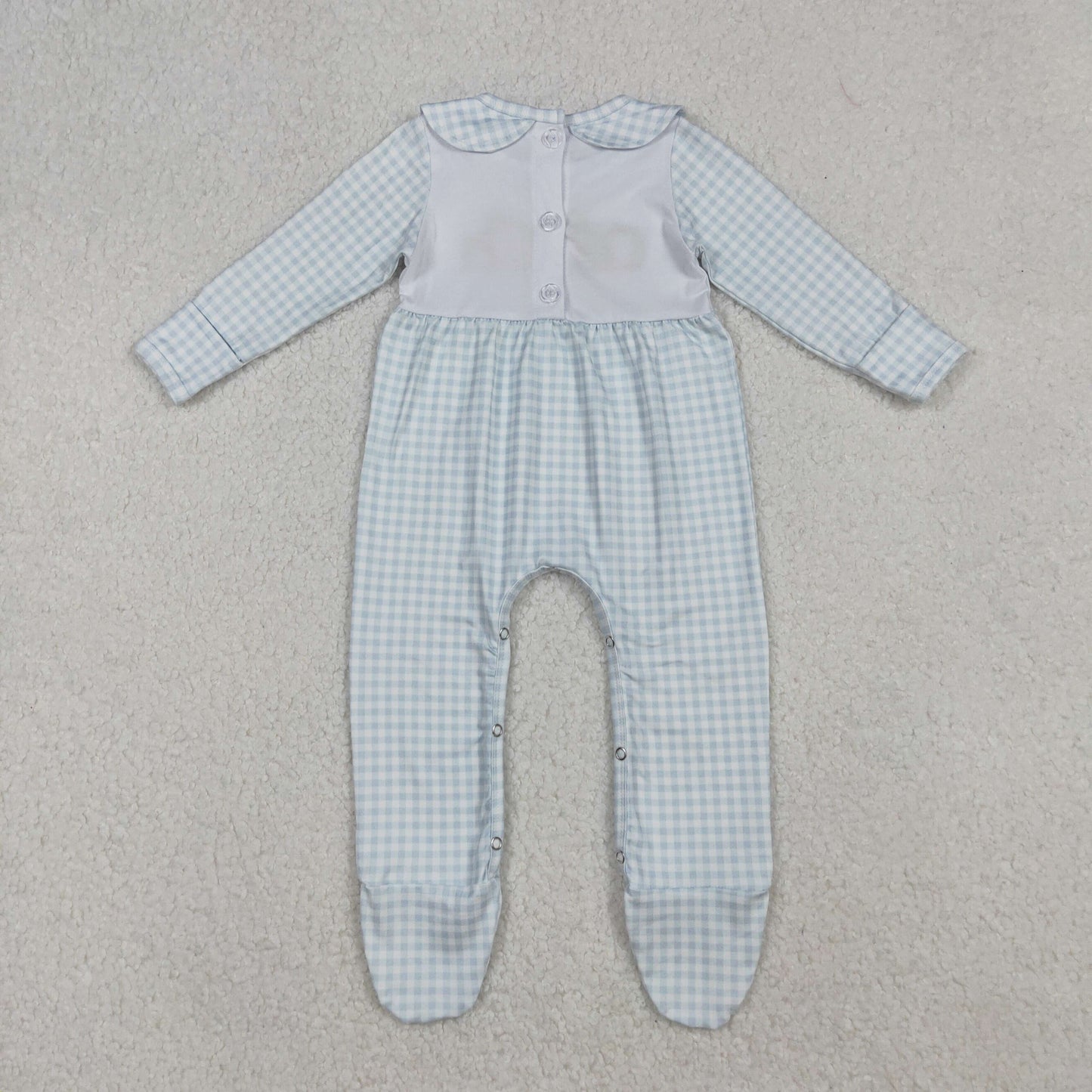 LR2560 Baby Girls Checked Embroidery Pumpkins Fall Collar Footed Rompers
