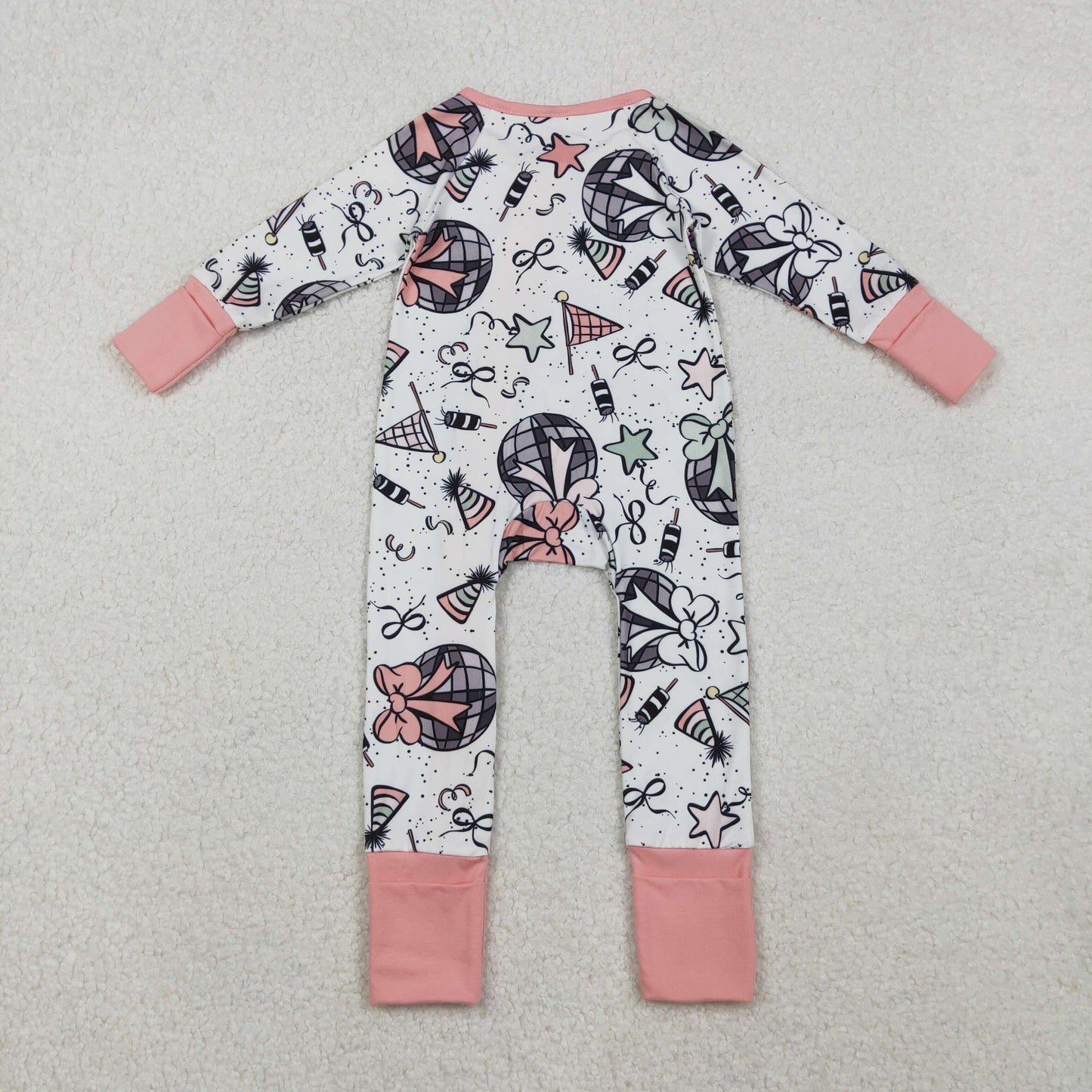 LR2571 Baby Girls Pink Happy New Year Ruffle Two Way Zip Convertible Rompers