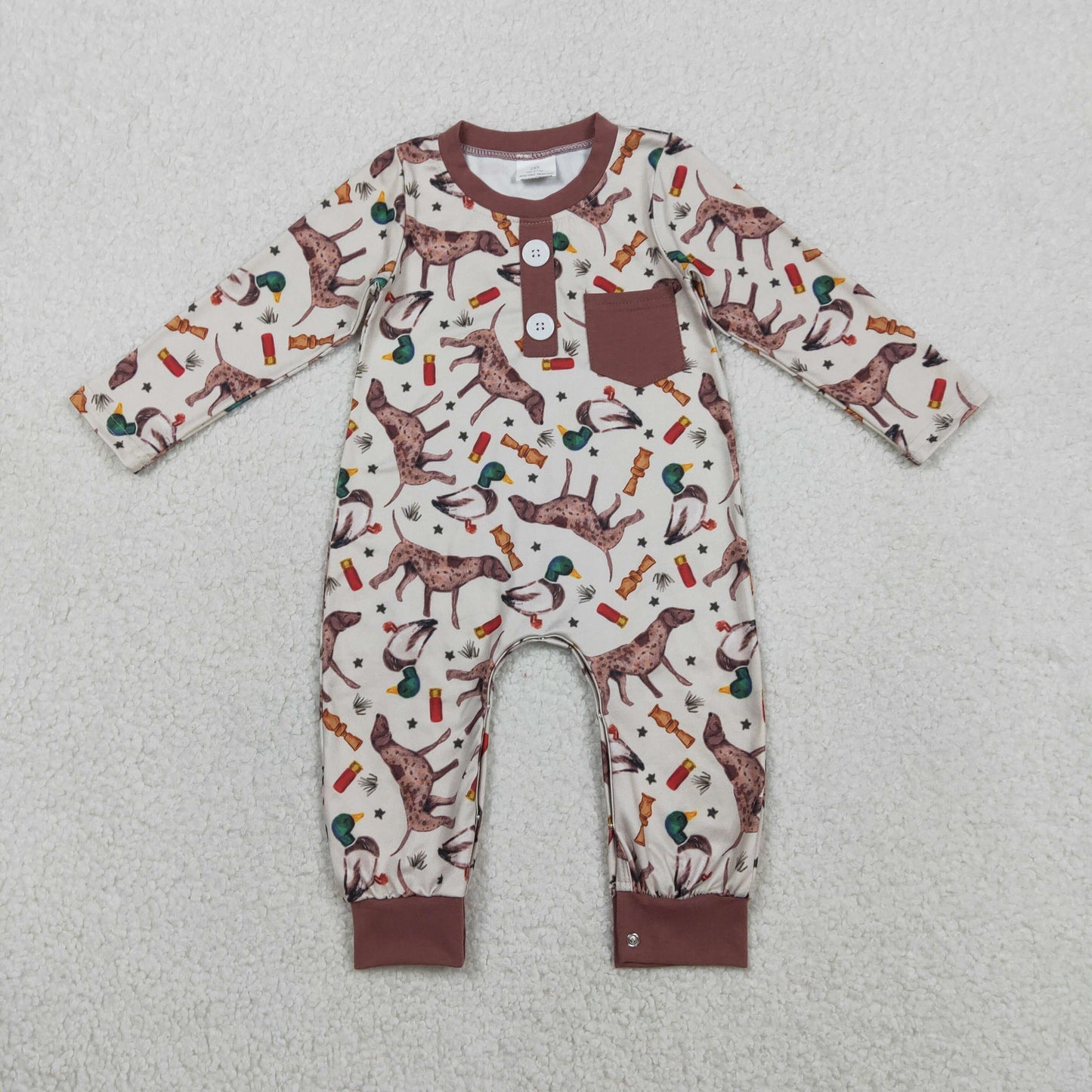 LR2576 Baby Boys Dog Duck Calls Hunting Button Pockets Rompers