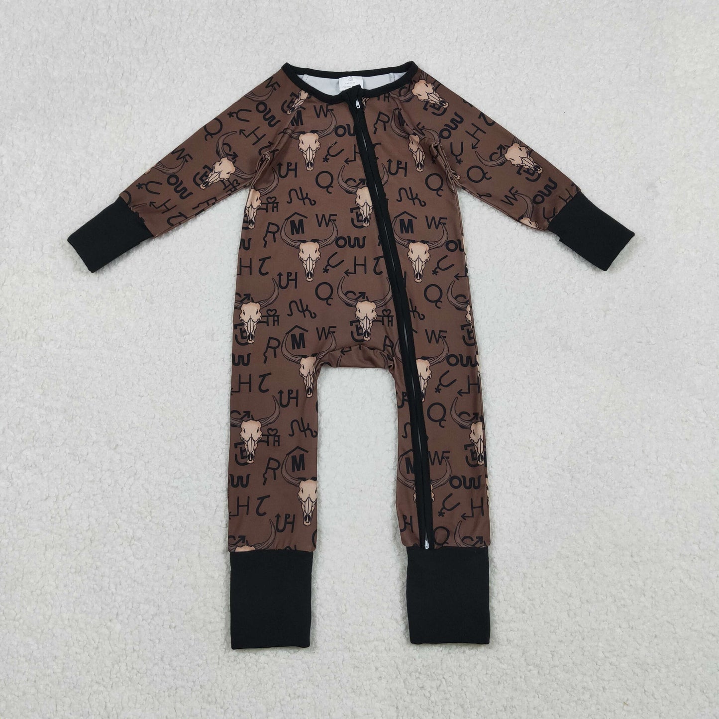 Sibling Baby Boys Brown Bull Skulls Pants Western Pajamas Sets Zipper Footie Rompers
