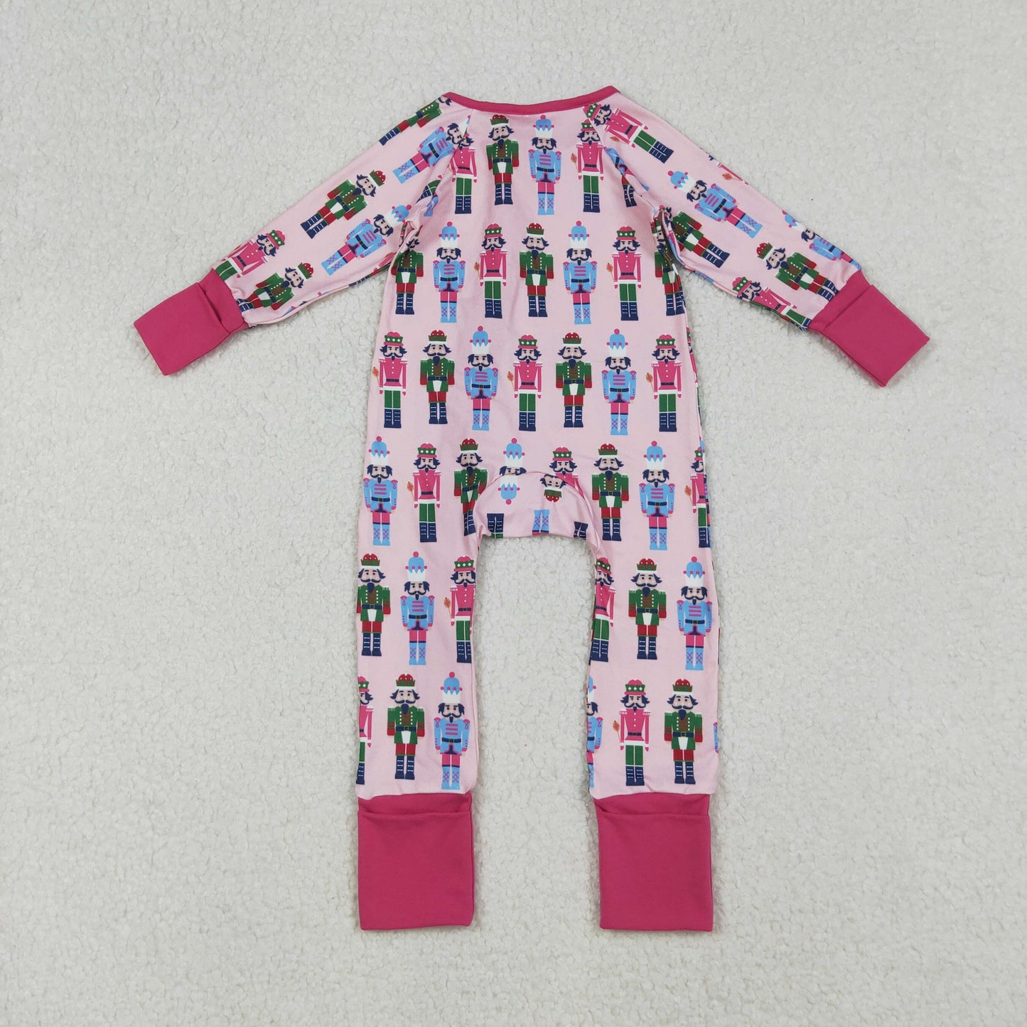 LR2598 Baby Girls Pink Soldiers Plaid Christmas Zipper Footed Rompers