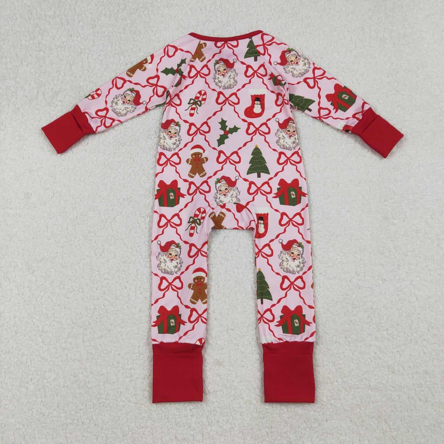 LR2632 Baby Girls Red Bows Santa Gifts Checked Christmas Zipper Footed Rompers