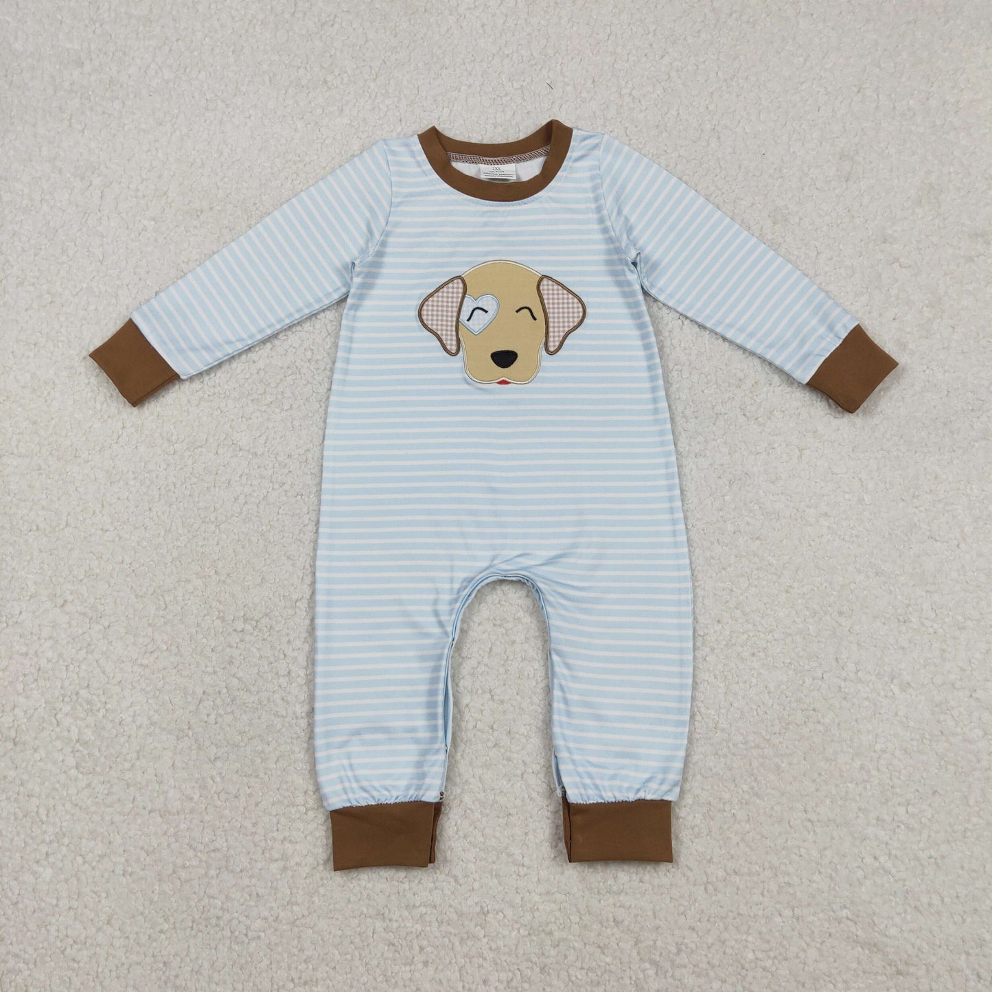 LR2659 Baby Boys Blue Stripe Embroidery Dogs Footie Rompers
