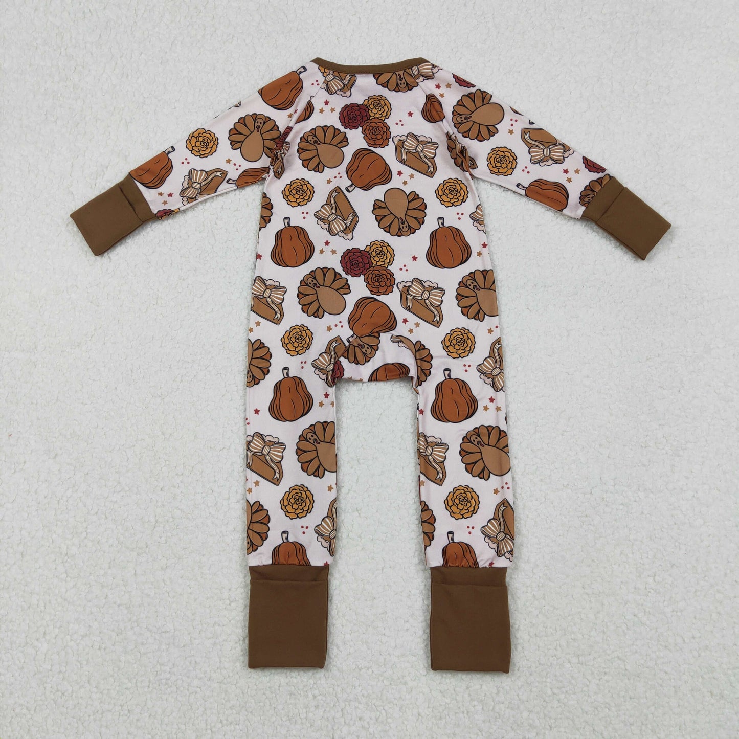 LR2690 Baby Girls Turkey Flowers Pumpkins Thanksgiving Zipper Footed Rompers