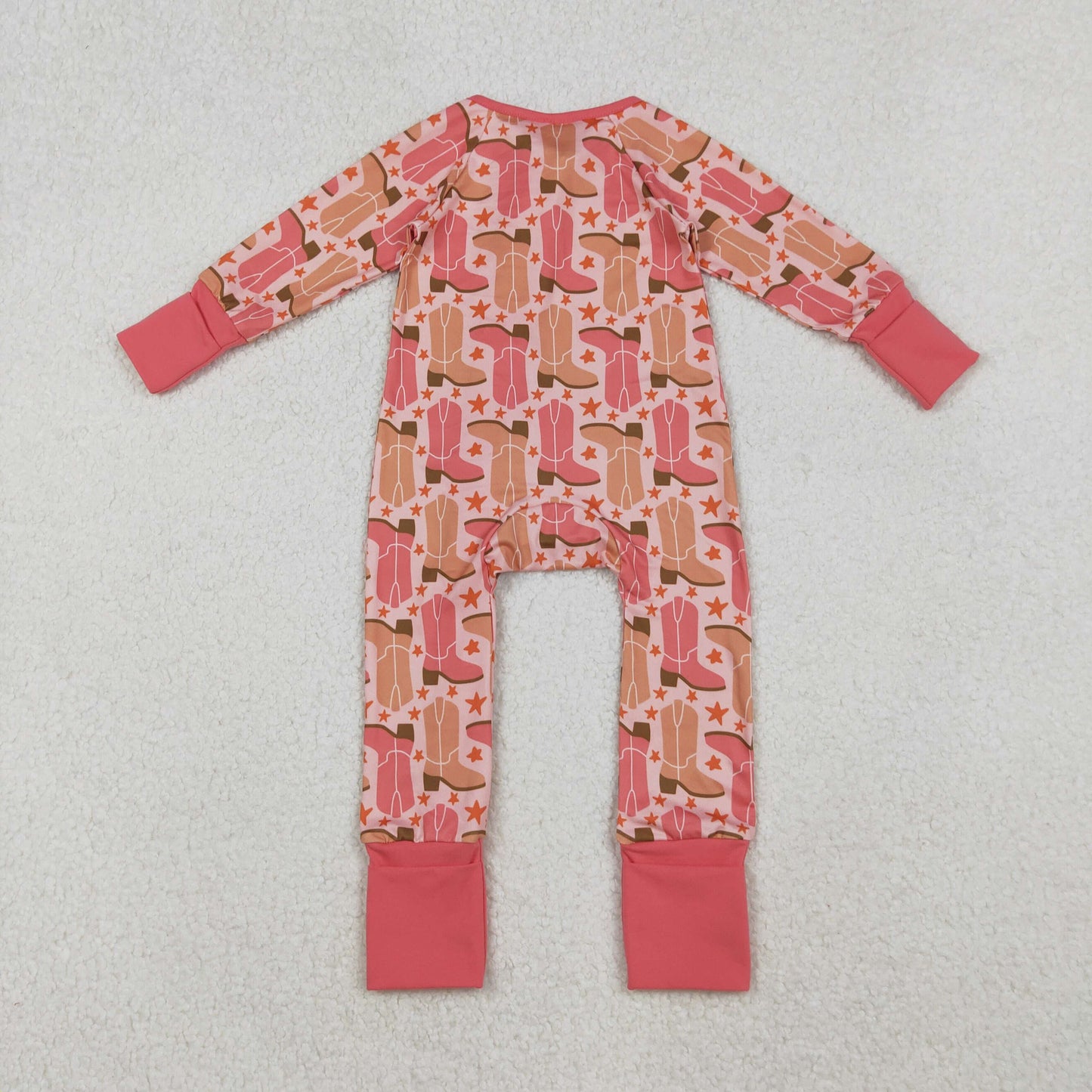 LR2733 Baby Girls Pink Boots Stars Plaid Western Two Way Zip Convertible Rompers