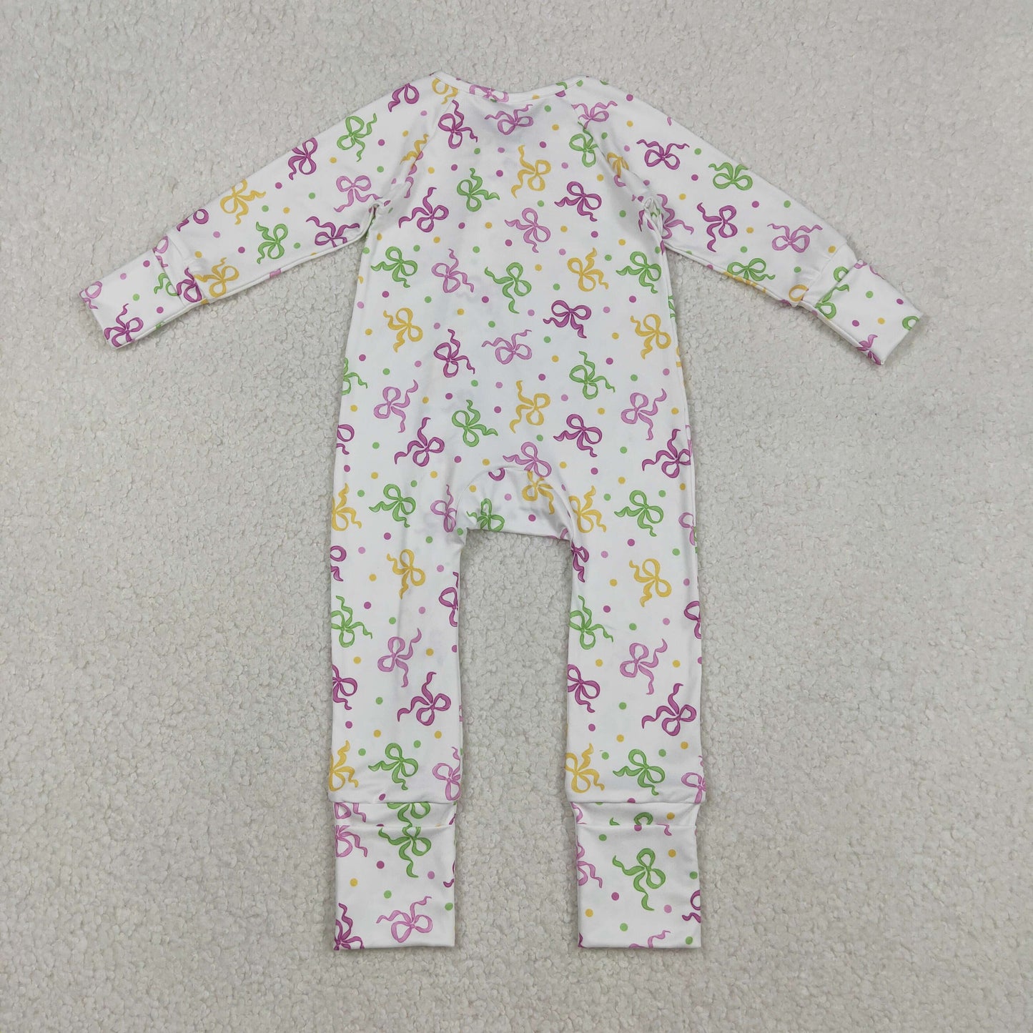 LR2735 Baby Girls Mardigras Bows Polka Dots Two Way Zip Convertible Rompers