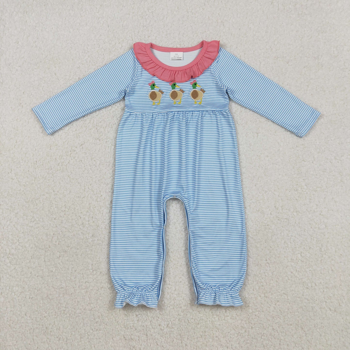 LR2738 Baby Girls Embroidery Bow Ducks Stripe Valentines Ruffle Collar Rompers