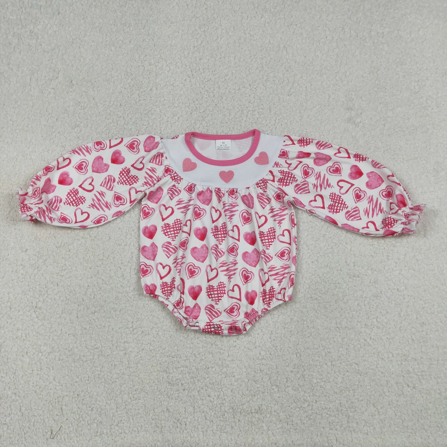 LR2767 Baby Girls Long Sleeve Pink Embroidery Hearts Valentines Ruffle Rompers