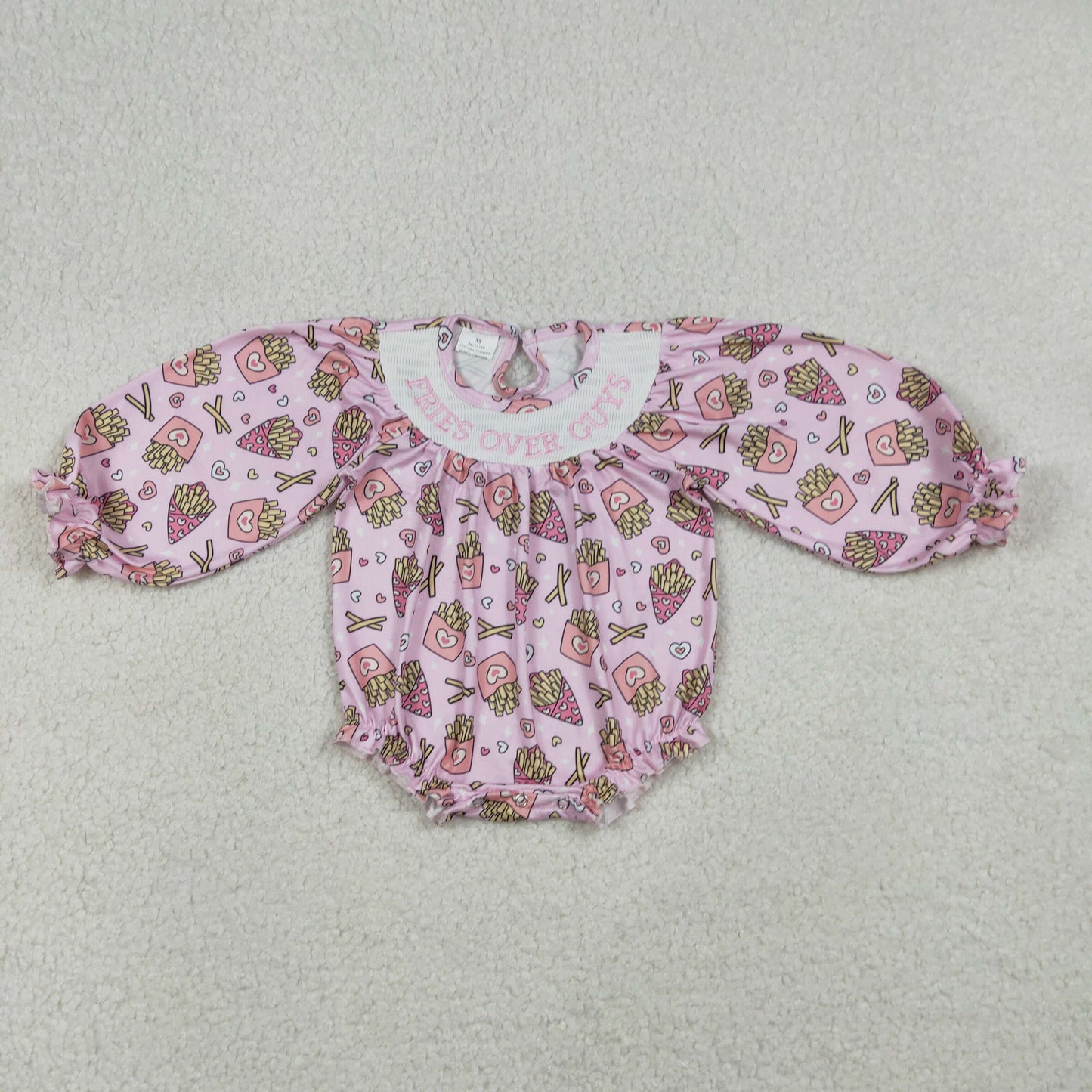 LR2768 Smocked Fries Over Guys Baby Girls Chip Hearts Valentines Ruffle Rompers