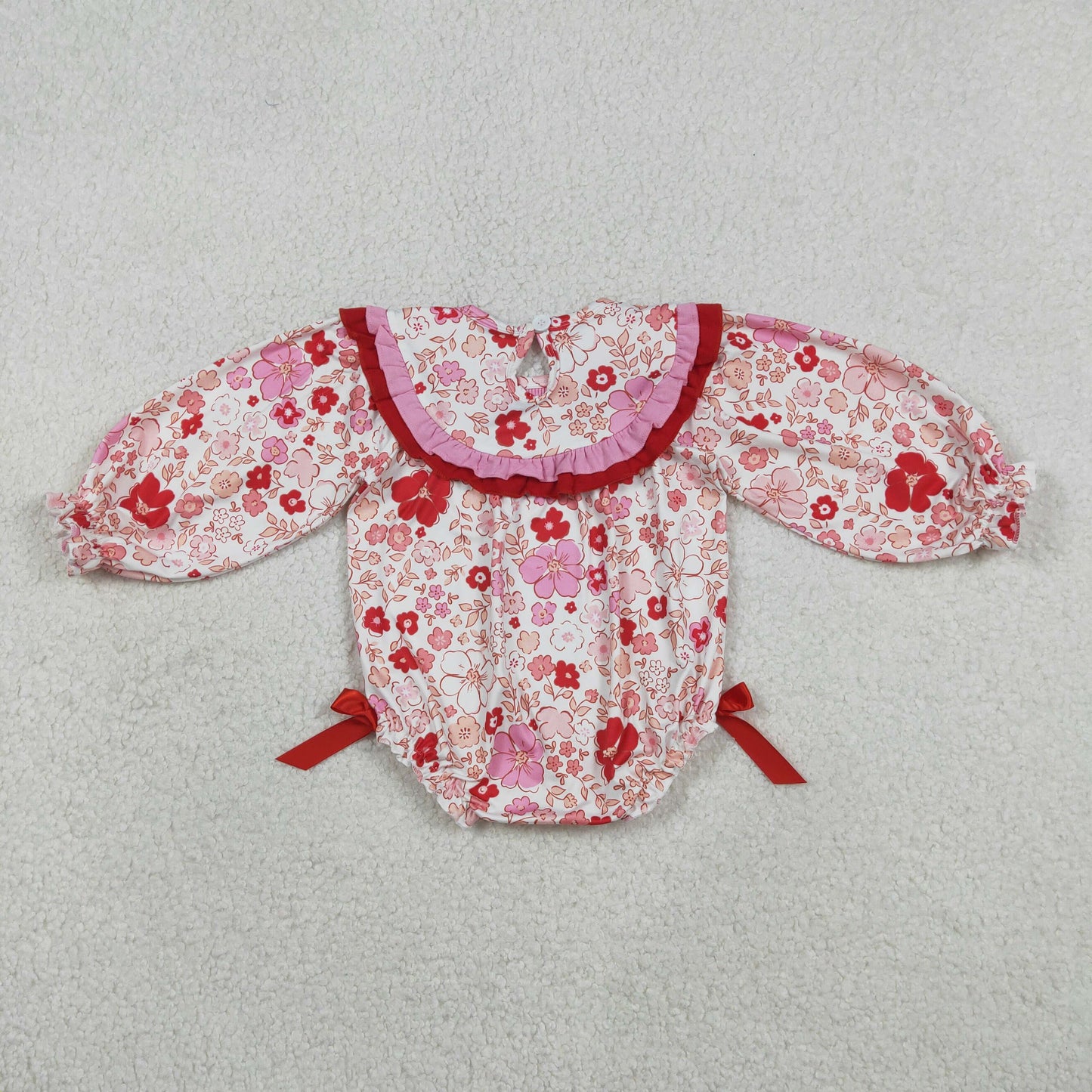 LR2769 Smocked Jesus Loves Me Baby Girls Colorful Flowers Ruffle Rompers