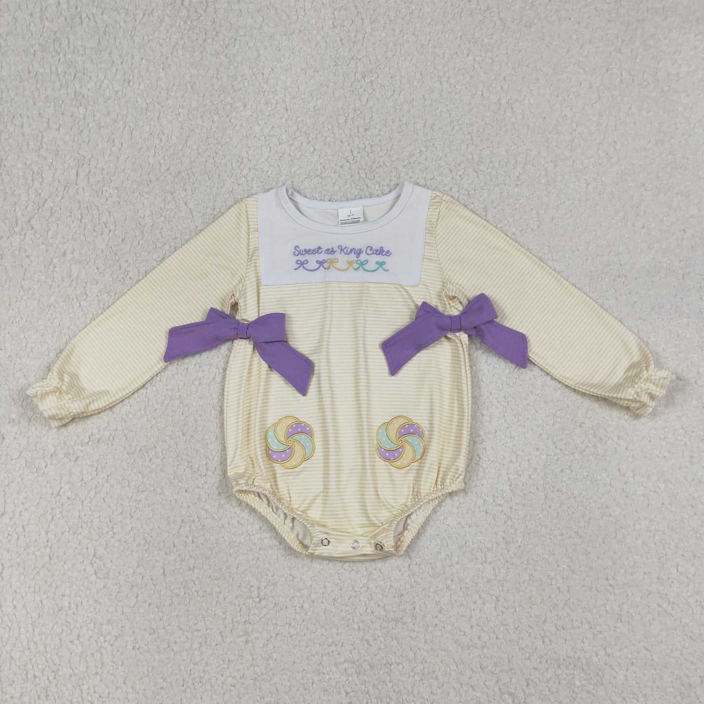 LR2770 Baby Girls Yellow Stripe Embroidery Sweet as King Cake Mardigras Ruffle Rompers