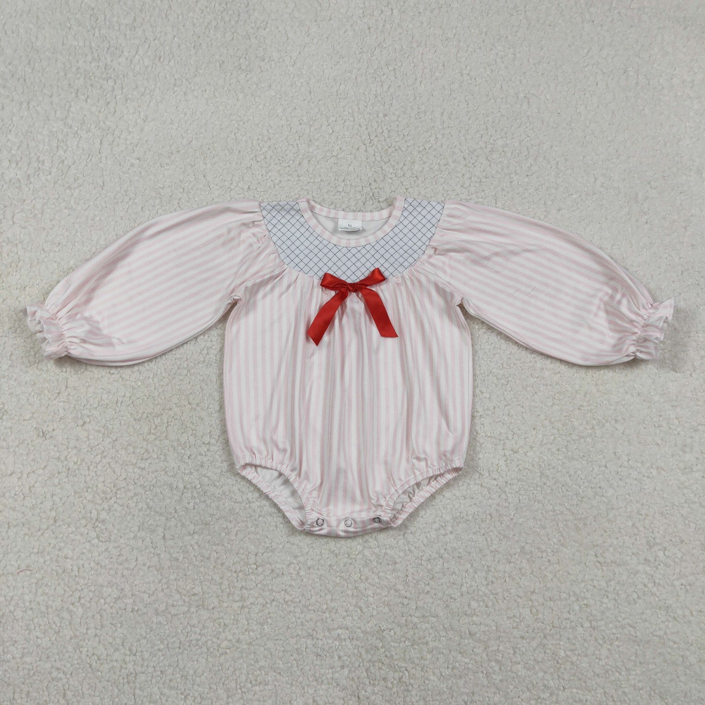 LR2773 Baby Girls Long Sleeve Embroidery Checked Pink Stripe Ruffle Rompers