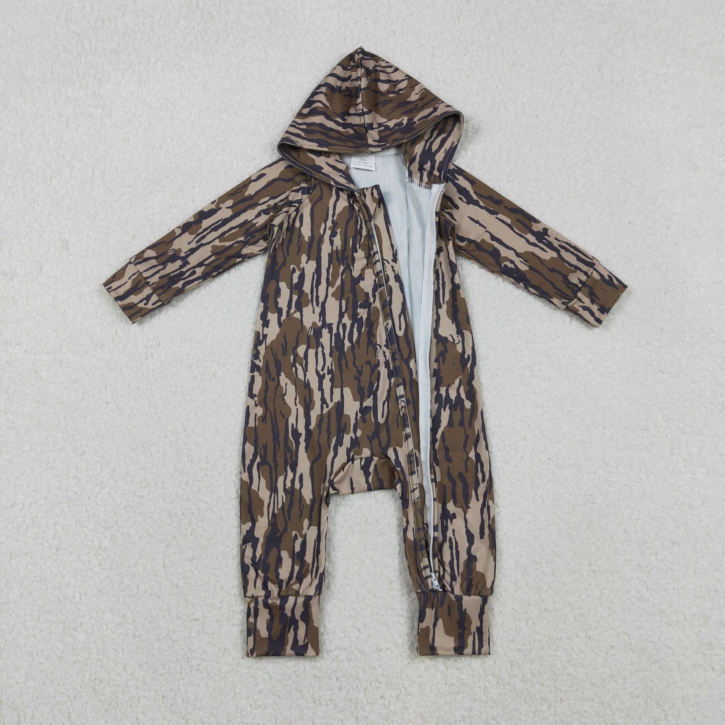 LR2814 Baby Boys Southern Olive Camo Two Way Zip Hoodies Hunting Rompers
