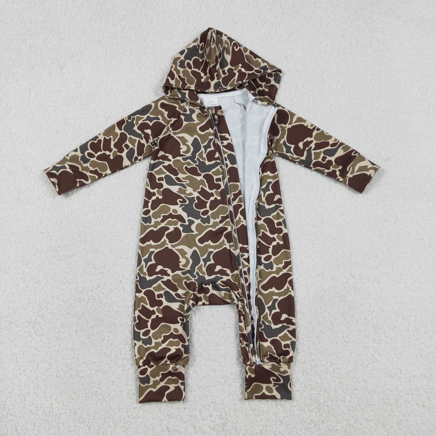 LR2815 Baby Boys Southern Dark Khaki Camo Two Way Zip Hoodies Hunting Rompers