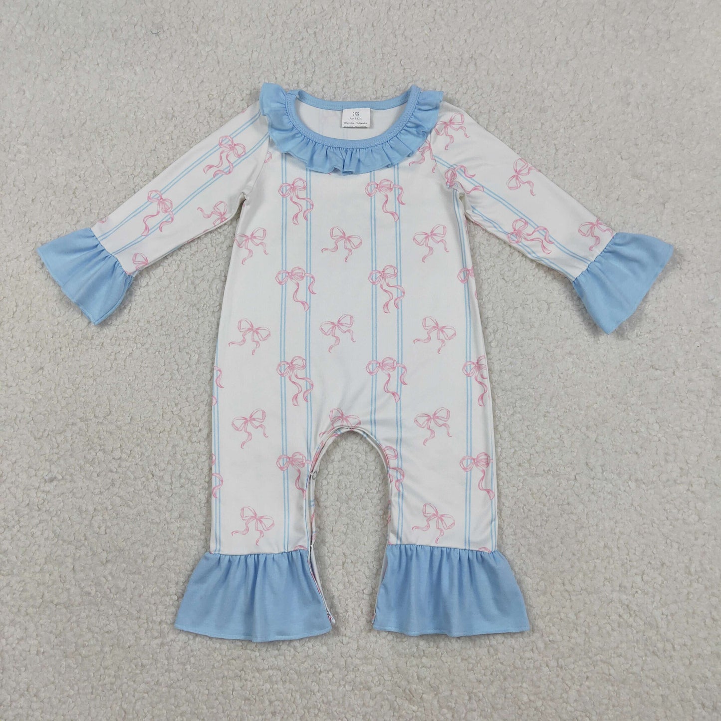 LR2845 Baby Girls Long Ruffle Sleeve Blue Stripe Bows Collar Rompers