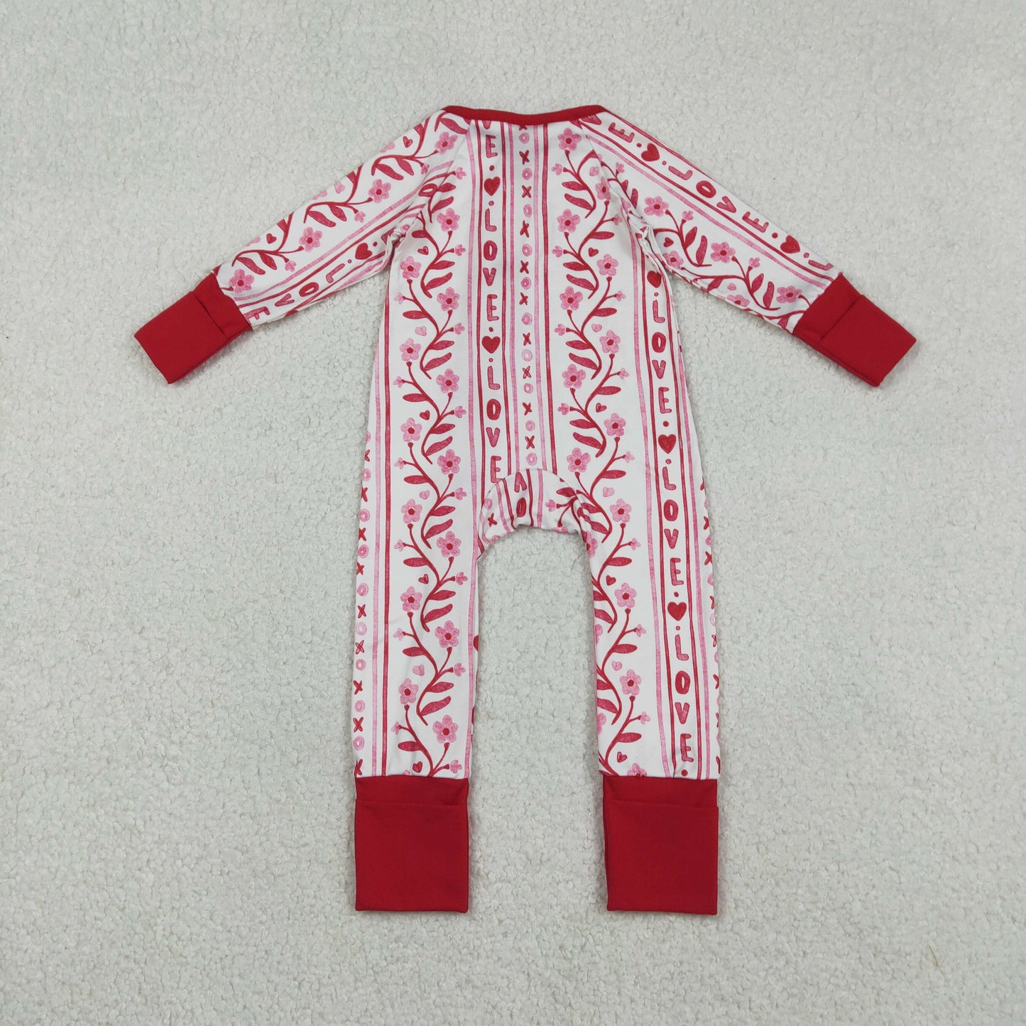 LR2884 Baby Girls Loves XOXO Flowers Valentines Two Way Zip Convertible Rompers