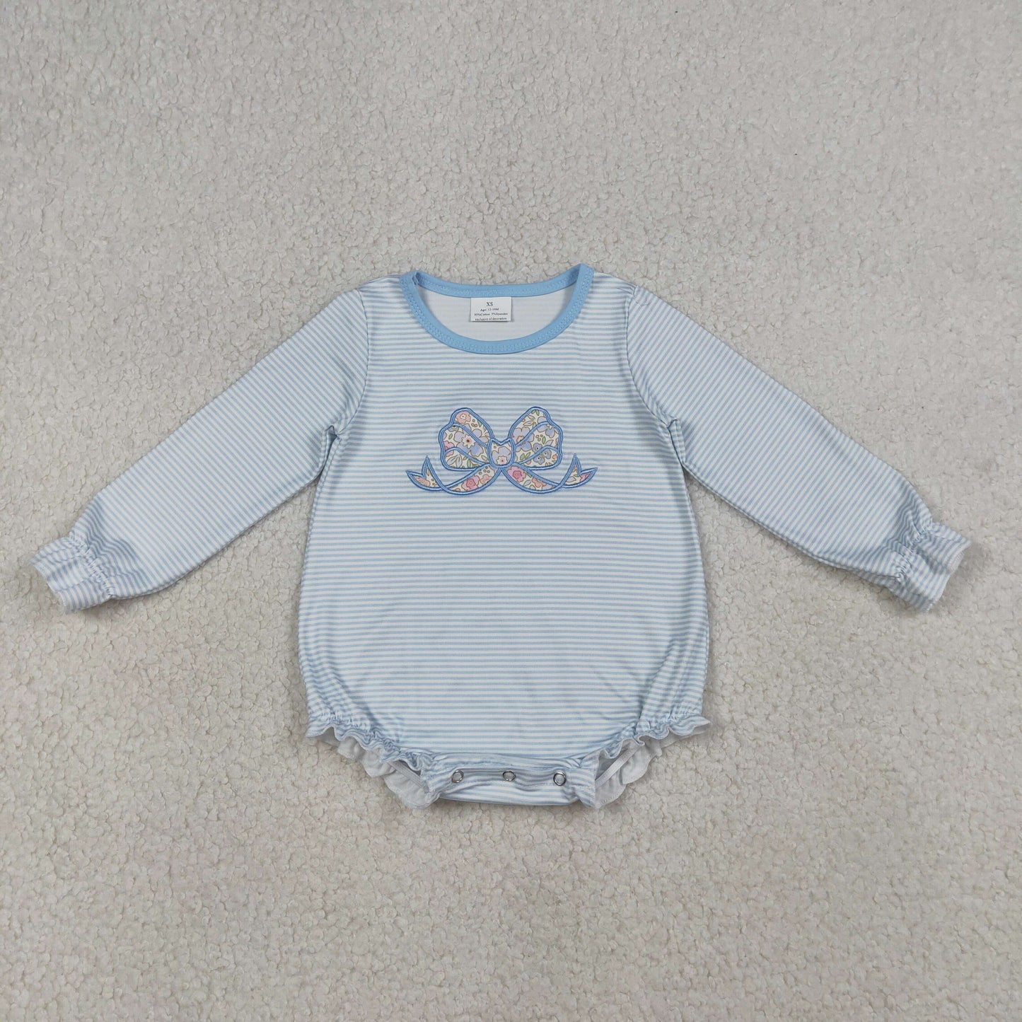 LR2917 Baby Girls Blue Stripe Embroidery Floral Bows Ruffle Rompers