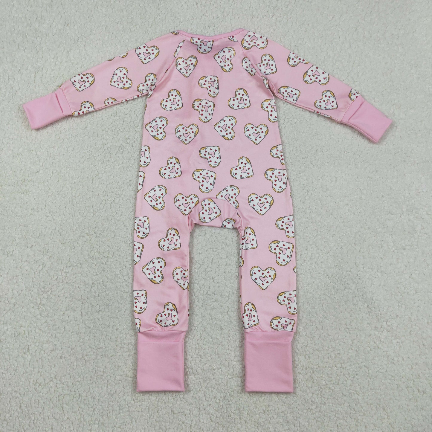 LR2960 Baby Girls Pink Hearts Donuts Valentines Two Way Zip Convertible Rompers